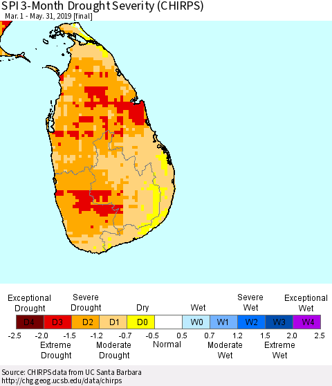 Sri Lanka SPI 3-Month Drought Severity (CHIRPS) Thematic Map For 3/1/2019 - 5/31/2019