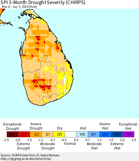 Sri Lanka SPI 3-Month Drought Severity (CHIRPS) Thematic Map For 3/6/2019 - 6/5/2019