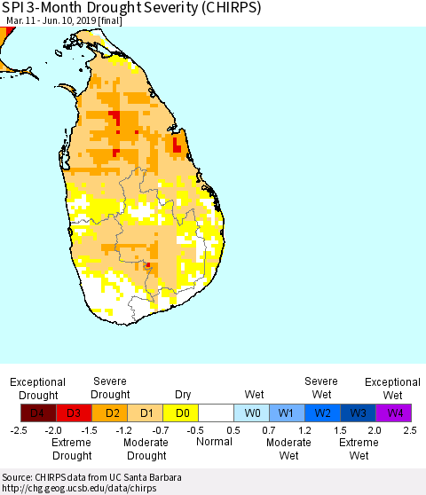 Sri Lanka SPI 3-Month Drought Severity (CHIRPS) Thematic Map For 3/11/2019 - 6/10/2019