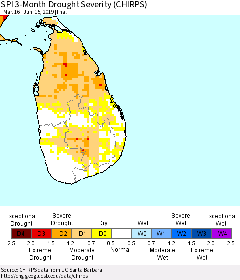 Sri Lanka SPI 3-Month Drought Severity (CHIRPS) Thematic Map For 3/16/2019 - 6/15/2019