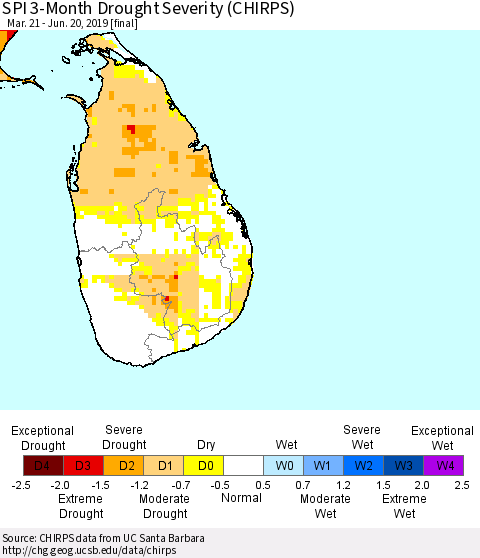 Sri Lanka SPI 3-Month Drought Severity (CHIRPS) Thematic Map For 3/21/2019 - 6/20/2019