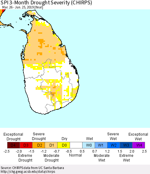 Sri Lanka SPI 3-Month Drought Severity (CHIRPS) Thematic Map For 3/26/2019 - 6/25/2019