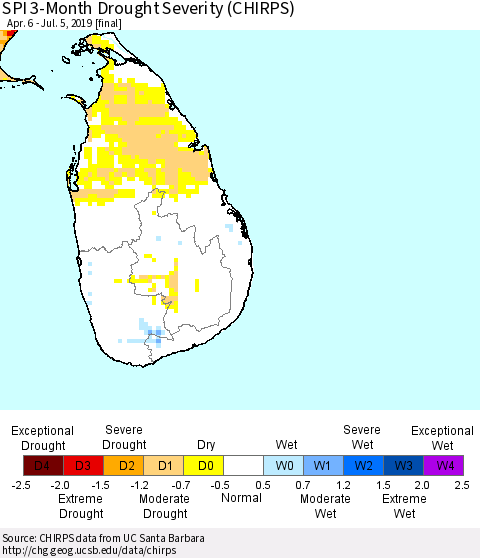 Sri Lanka SPI 3-Month Drought Severity (CHIRPS) Thematic Map For 4/6/2019 - 7/5/2019