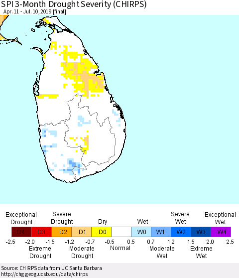 Sri Lanka SPI 3-Month Drought Severity (CHIRPS) Thematic Map For 4/11/2019 - 7/10/2019