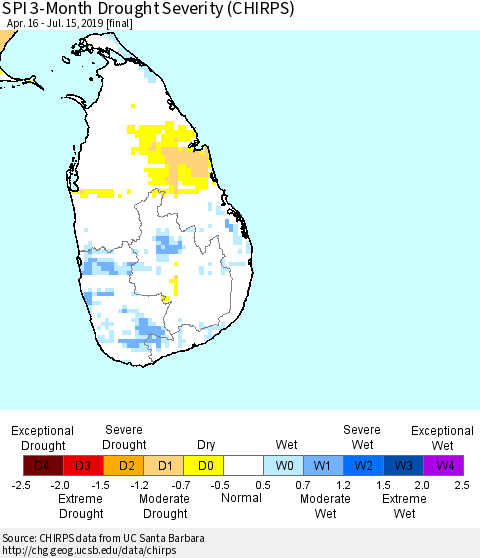 Sri Lanka SPI 3-Month Drought Severity (CHIRPS) Thematic Map For 4/16/2019 - 7/15/2019