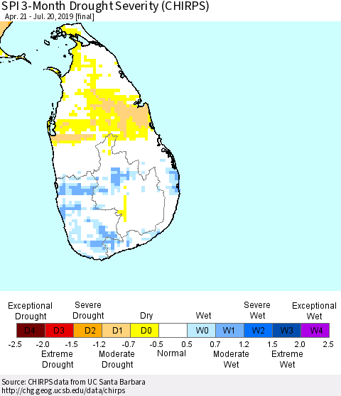 Sri Lanka SPI 3-Month Drought Severity (CHIRPS) Thematic Map For 4/21/2019 - 7/20/2019