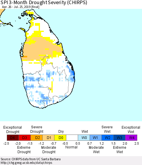 Sri Lanka SPI 3-Month Drought Severity (CHIRPS) Thematic Map For 4/26/2019 - 7/25/2019