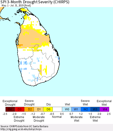 Sri Lanka SPI 3-Month Drought Severity (CHIRPS) Thematic Map For 5/1/2019 - 7/31/2019