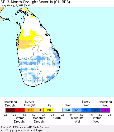 Sri Lanka SPI 3-Month Drought Severity (CHIRPS) Thematic Map For 5/6/2019 - 8/5/2019