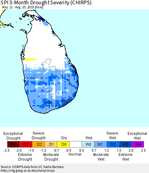 Sri Lanka SPI 3-Month Drought Severity (CHIRPS) Thematic Map For 5/11/2019 - 8/10/2019