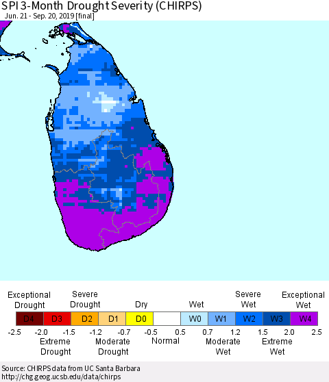 Sri Lanka SPI 3-Month Drought Severity (CHIRPS) Thematic Map For 6/21/2019 - 9/20/2019