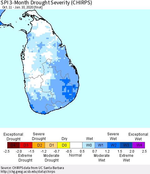 Sri Lanka SPI 3-Month Drought Severity (CHIRPS) Thematic Map For 10/11/2019 - 1/10/2020