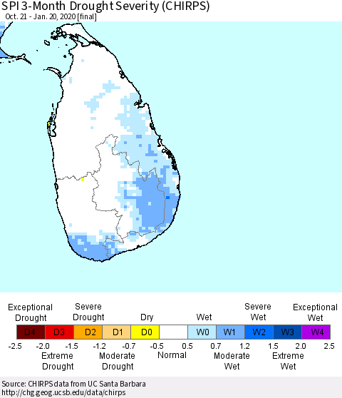Sri Lanka SPI 3-Month Drought Severity (CHIRPS) Thematic Map For 10/21/2019 - 1/20/2020