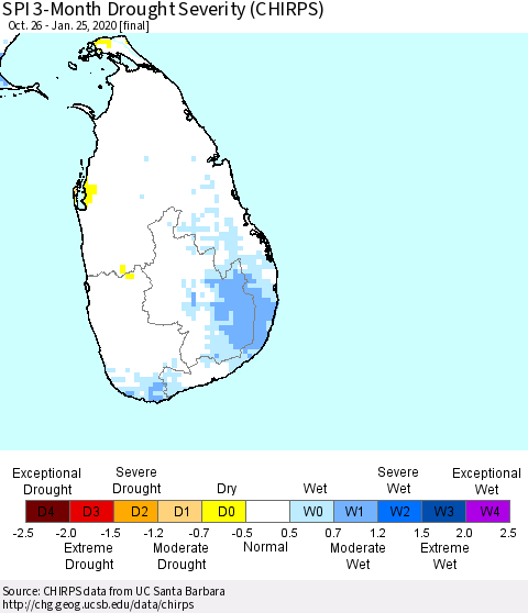 Sri Lanka SPI 3-Month Drought Severity (CHIRPS) Thematic Map For 10/26/2019 - 1/25/2020