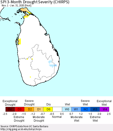 Sri Lanka SPI 3-Month Drought Severity (CHIRPS) Thematic Map For 11/1/2019 - 1/31/2020