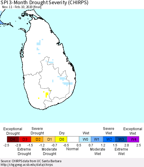 Sri Lanka SPI 3-Month Drought Severity (CHIRPS) Thematic Map For 11/11/2019 - 2/10/2020