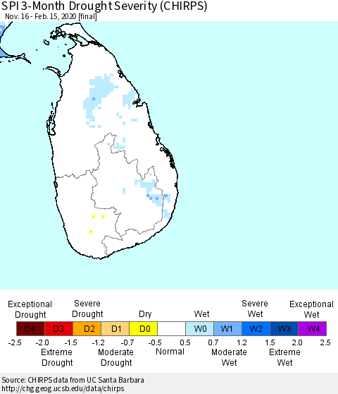 Sri Lanka SPI 3-Month Drought Severity (CHIRPS) Thematic Map For 11/16/2019 - 2/15/2020