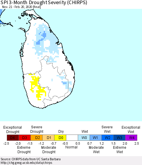 Sri Lanka SPI 3-Month Drought Severity (CHIRPS) Thematic Map For 11/21/2019 - 2/20/2020