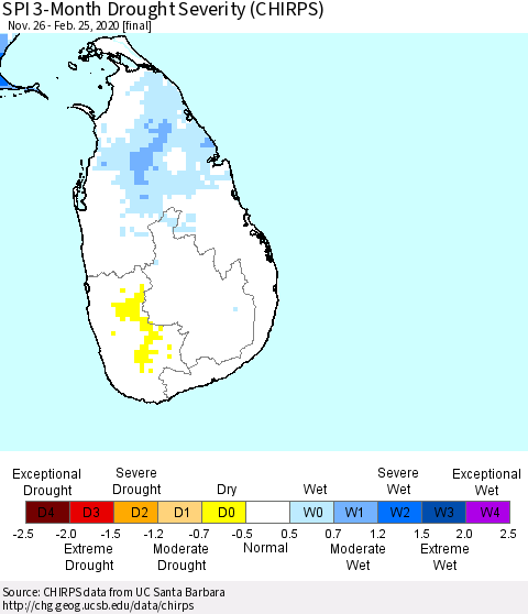 Sri Lanka SPI 3-Month Drought Severity (CHIRPS) Thematic Map For 11/26/2019 - 2/25/2020