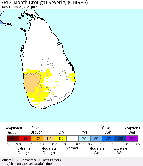 Sri Lanka SPI 3-Month Drought Severity (CHIRPS) Thematic Map For 12/1/2019 - 2/29/2020