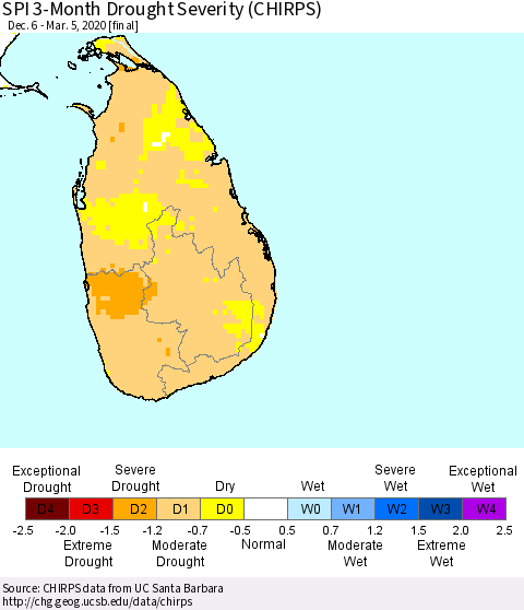 Sri Lanka SPI 3-Month Drought Severity (CHIRPS) Thematic Map For 12/6/2019 - 3/5/2020