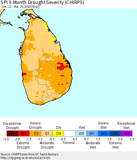 Sri Lanka SPI 3-Month Drought Severity (CHIRPS) Thematic Map For 12/21/2019 - 3/20/2020