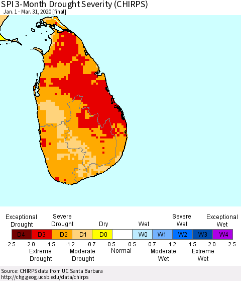 Sri Lanka SPI 3-Month Drought Severity (CHIRPS) Thematic Map For 1/1/2020 - 3/31/2020