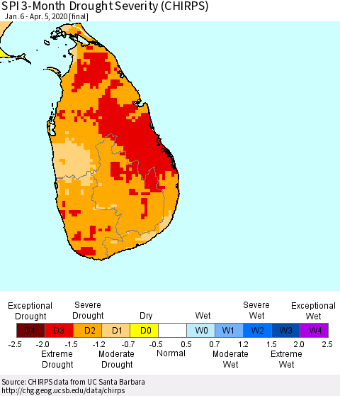 Sri Lanka SPI 3-Month Drought Severity (CHIRPS) Thematic Map For 1/6/2020 - 4/5/2020