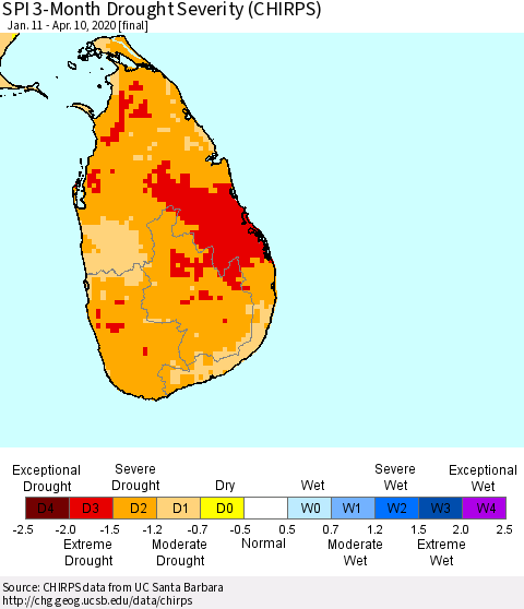 Sri Lanka SPI 3-Month Drought Severity (CHIRPS) Thematic Map For 1/11/2020 - 4/10/2020