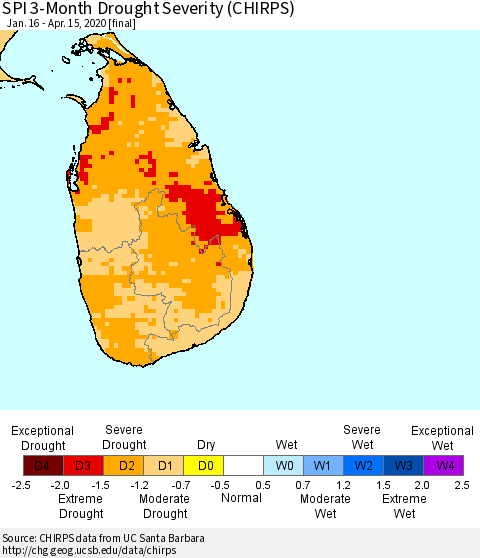 Sri Lanka SPI 3-Month Drought Severity (CHIRPS) Thematic Map For 1/16/2020 - 4/15/2020