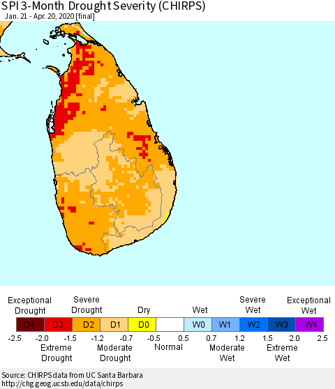 Sri Lanka SPI 3-Month Drought Severity (CHIRPS) Thematic Map For 1/21/2020 - 4/20/2020