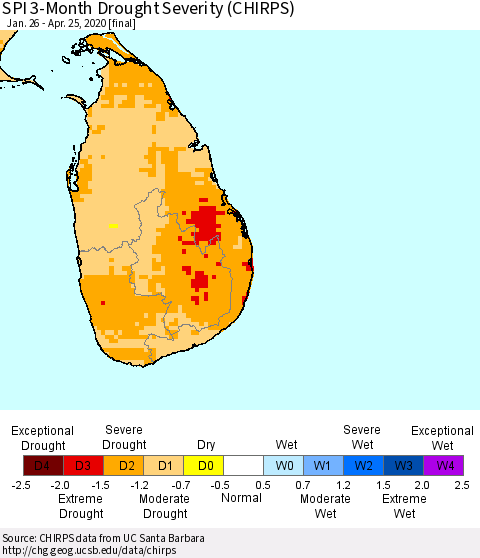 Sri Lanka SPI 3-Month Drought Severity (CHIRPS) Thematic Map For 1/26/2020 - 4/25/2020