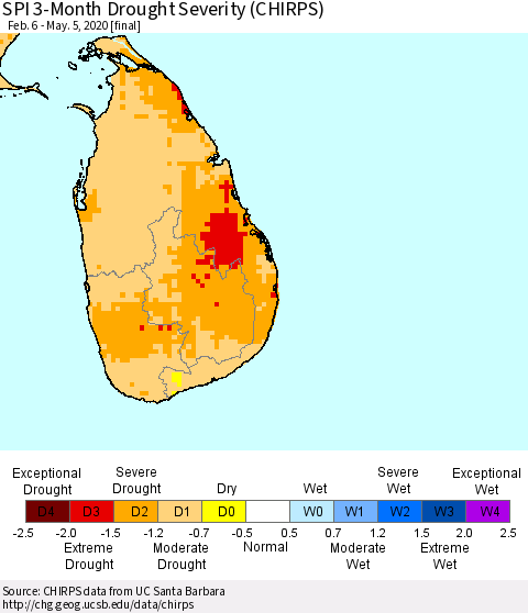 Sri Lanka SPI 3-Month Drought Severity (CHIRPS) Thematic Map For 2/6/2020 - 5/5/2020