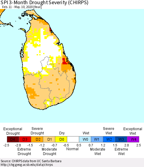 Sri Lanka SPI 3-Month Drought Severity (CHIRPS) Thematic Map For 2/11/2020 - 5/10/2020