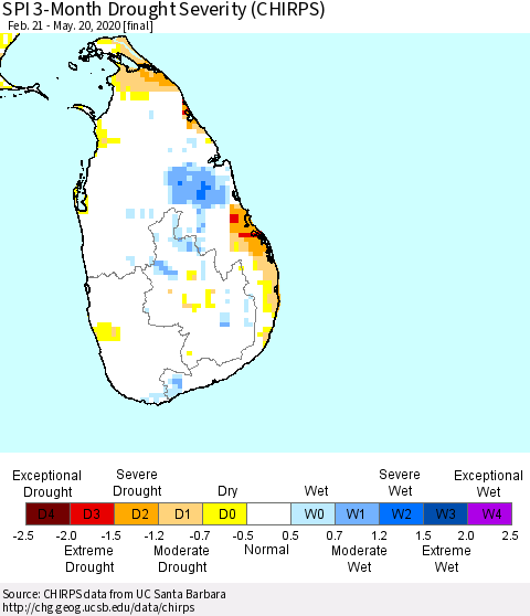 Sri Lanka SPI 3-Month Drought Severity (CHIRPS) Thematic Map For 2/21/2020 - 5/20/2020