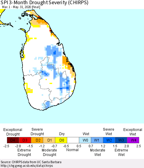 Sri Lanka SPI 3-Month Drought Severity (CHIRPS) Thematic Map For 3/1/2020 - 5/31/2020