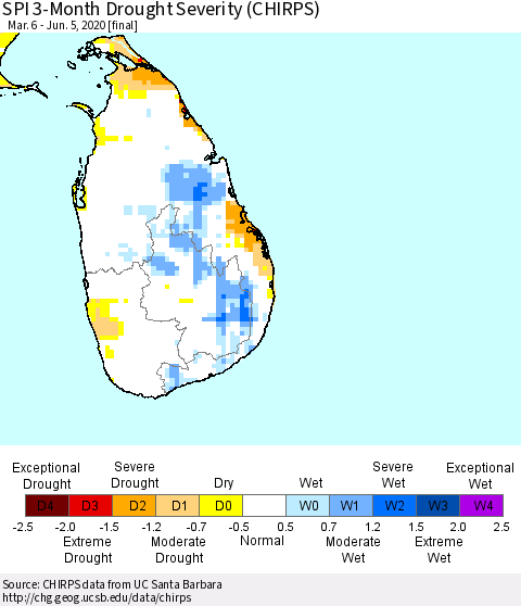 Sri Lanka SPI 3-Month Drought Severity (CHIRPS) Thematic Map For 3/6/2020 - 6/5/2020