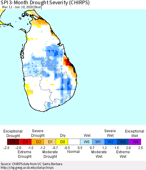 Sri Lanka SPI 3-Month Drought Severity (CHIRPS) Thematic Map For 3/11/2020 - 6/10/2020