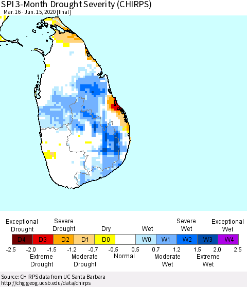 Sri Lanka SPI 3-Month Drought Severity (CHIRPS) Thematic Map For 3/16/2020 - 6/15/2020