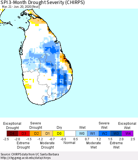 Sri Lanka SPI 3-Month Drought Severity (CHIRPS) Thematic Map For 3/21/2020 - 6/20/2020