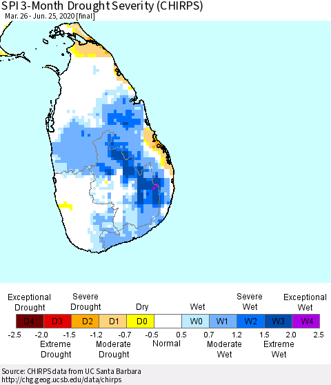 Sri Lanka SPI 3-Month Drought Severity (CHIRPS) Thematic Map For 3/26/2020 - 6/25/2020