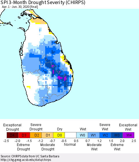 Sri Lanka SPI 3-Month Drought Severity (CHIRPS) Thematic Map For 4/1/2020 - 6/30/2020