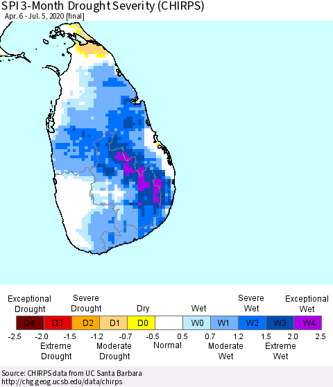 Sri Lanka SPI 3-Month Drought Severity (CHIRPS) Thematic Map For 4/6/2020 - 7/5/2020
