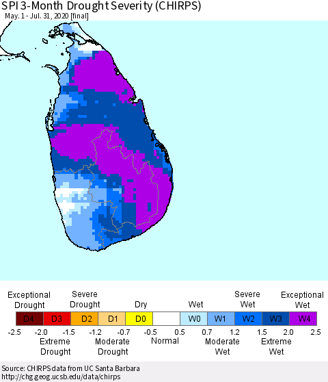 Sri Lanka SPI 3-Month Drought Severity (CHIRPS) Thematic Map For 5/1/2020 - 7/31/2020