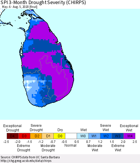 Sri Lanka SPI 3-Month Drought Severity (CHIRPS) Thematic Map For 5/6/2020 - 8/5/2020