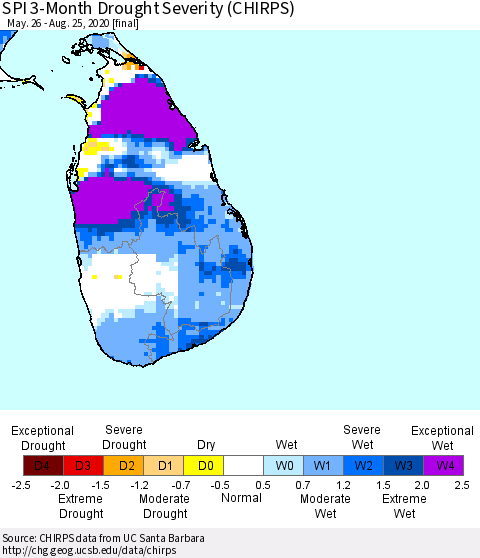 Sri Lanka SPI 3-Month Drought Severity (CHIRPS) Thematic Map For 5/26/2020 - 8/25/2020