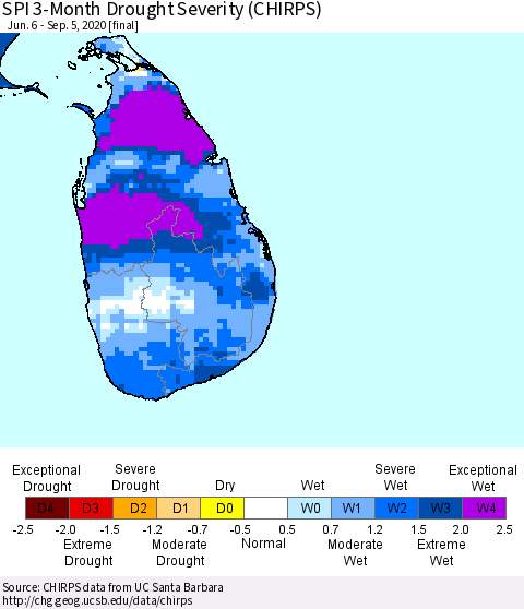 Sri Lanka SPI 3-Month Drought Severity (CHIRPS) Thematic Map For 6/6/2020 - 9/5/2020