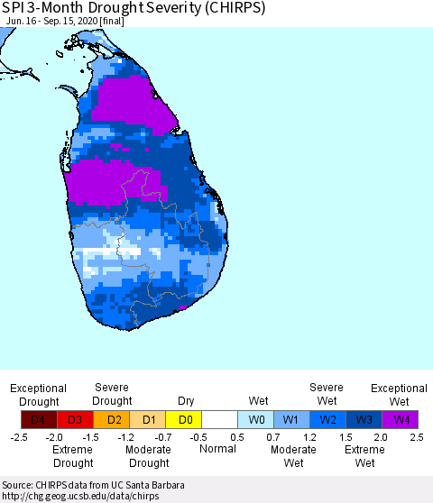 Sri Lanka SPI 3-Month Drought Severity (CHIRPS) Thematic Map For 6/16/2020 - 9/15/2020