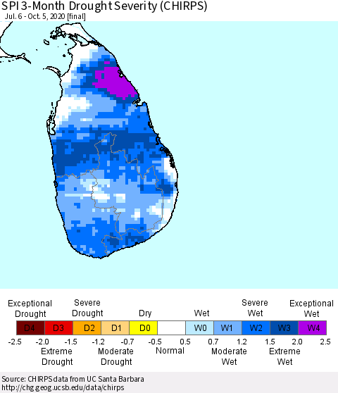 Sri Lanka SPI 3-Month Drought Severity (CHIRPS) Thematic Map For 7/6/2020 - 10/5/2020