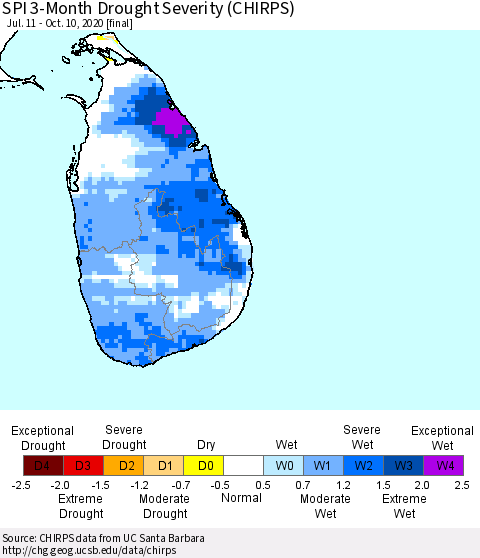 Sri Lanka SPI 3-Month Drought Severity (CHIRPS) Thematic Map For 7/11/2020 - 10/10/2020